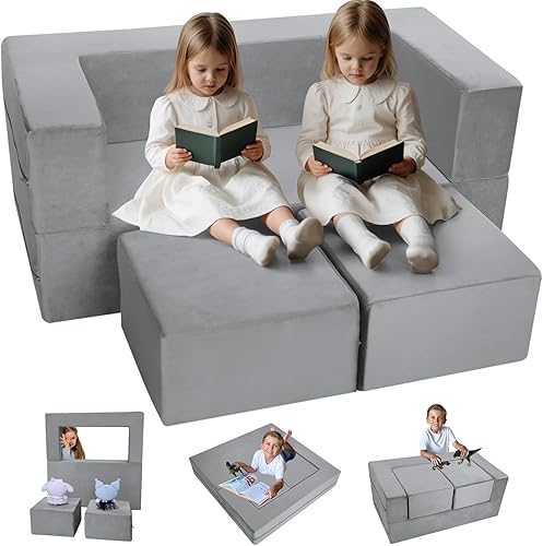 MeMoreCool Sofá modular para niños, sofá convertible suave para niños, silla de espuma de felpa plegable gris para diversión en la sala de juegos de