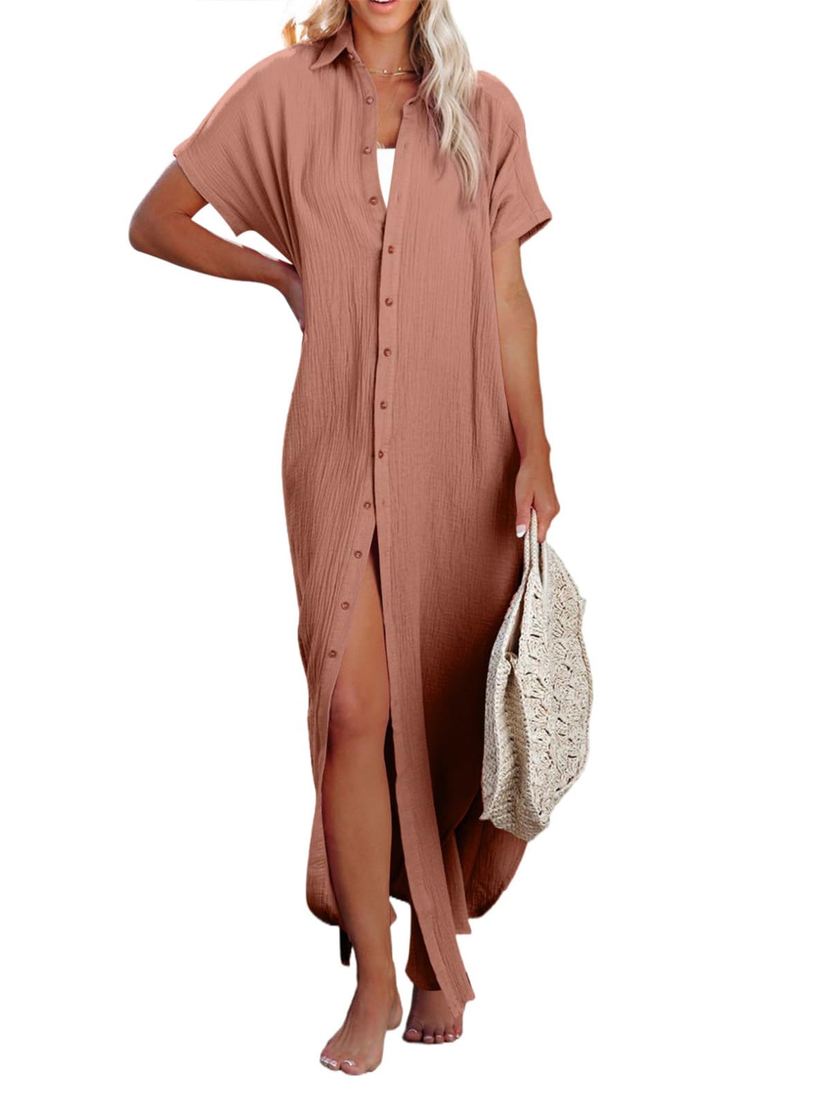 Herseas Womens Casual Short Sleeve Button Down Dress Side Split Long Kimonos Cardigans Swimsuit Cover Ups Beach Dress