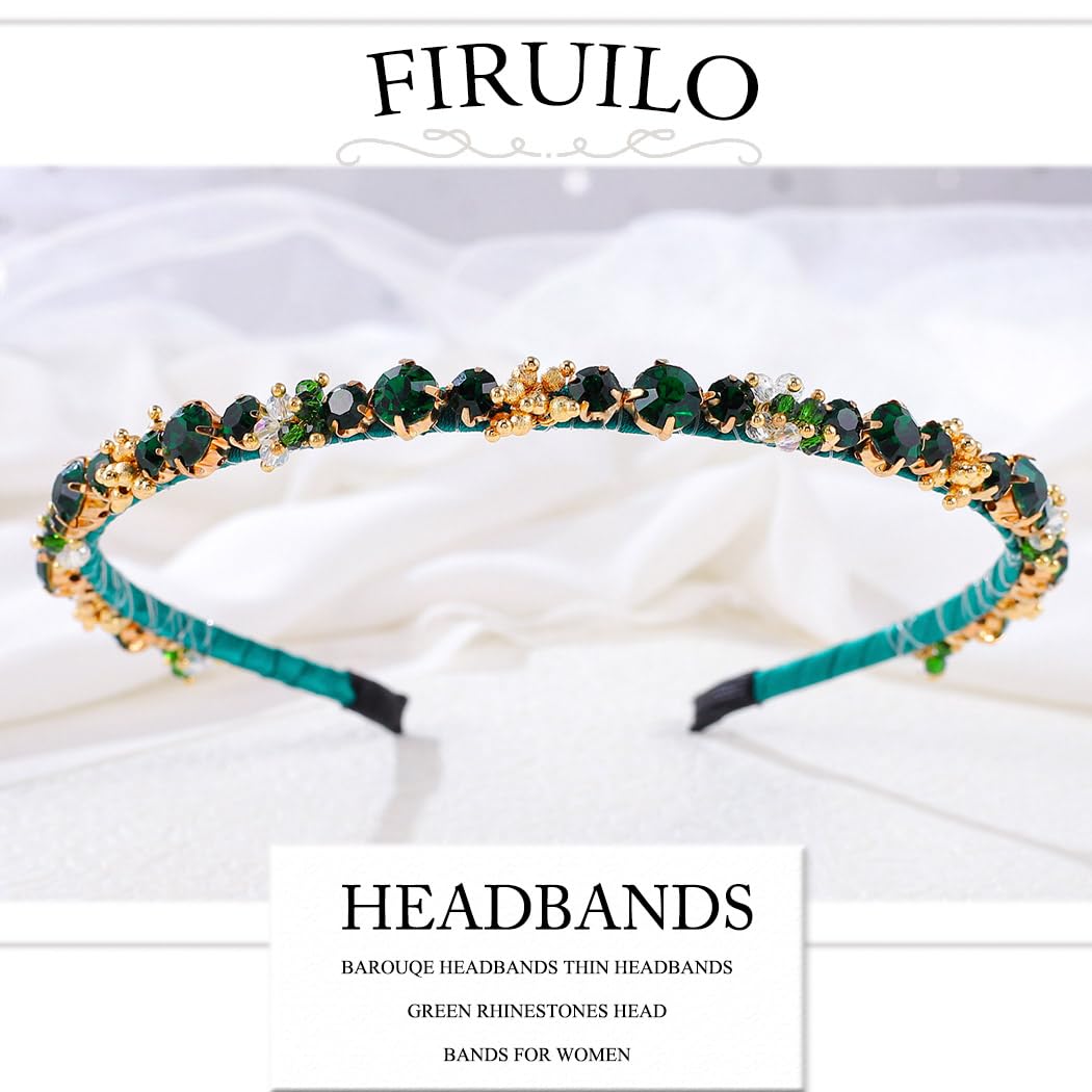 Green Rhinestones Headband Emerald Crystal Head Bands Beaded Thin Hair Bands Bride Wedding Party Hair Accessories for Women and Girls (Green) - Image 2