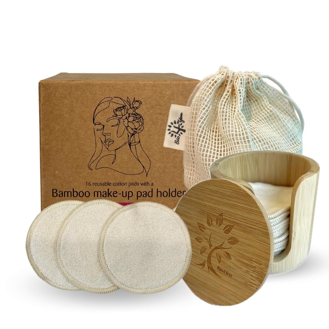 BIO4YOU Dischetti Struccanti Lavabili (16 Pack) con sacchetto di lavanderia e scatola di bamboo per lo stoccaggio | bambù naturale e cotone organico | riutilizzabili