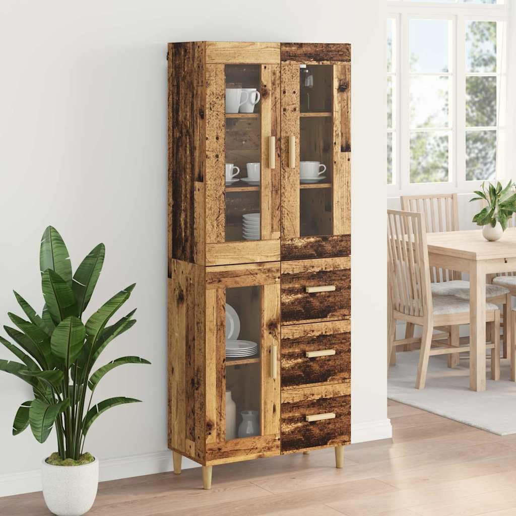Buffet haut en bois vieilli, 69,5 x 34 x 180 cm, buffet avec tiroir et porte, étagère de rangement pour salon, salle à manger, bureau, design rustique moderne et étroit