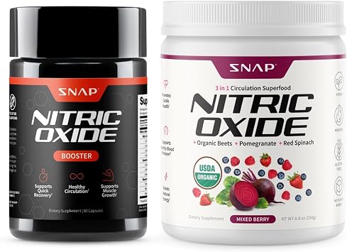 Snap Supplements Nitric Oxide Booster + Nitric Oxide Beets Mixed Berry Bundle, 60 Vegetarian Capsules + 30 Servings