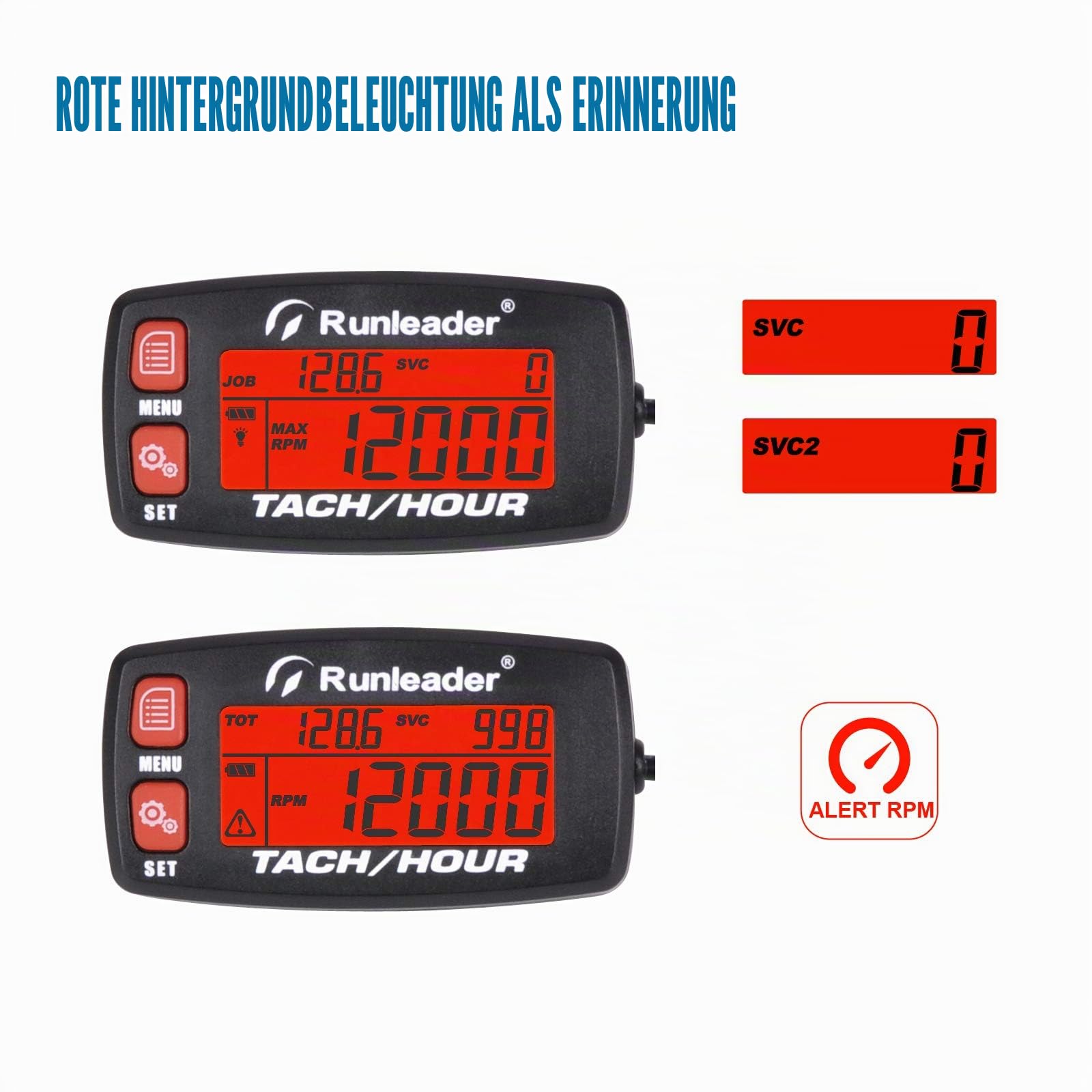 Runleader Digitaler Gasmotor-Drehzahlmesser, Stunden- und Drehzahlaufzeichnung, Betriebsstundenzähler mit Hintergrundbeleuchtung, Batterie austauschbar für Aufsitzmäher