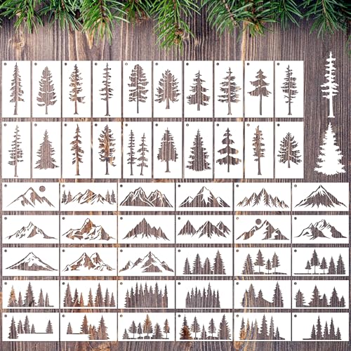 Sitsink Tree Small Stencils Reusable - Mountain Scene Stencils for Crafts Reuable, Fabric Background Card Scrapbook Journal Decorating