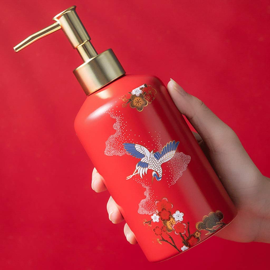 Juego de 5 accesorios de baño de cerámica con bomba de loción roja/dispensador de jabón, soporte para cepillo de dientes, jabonera, etc