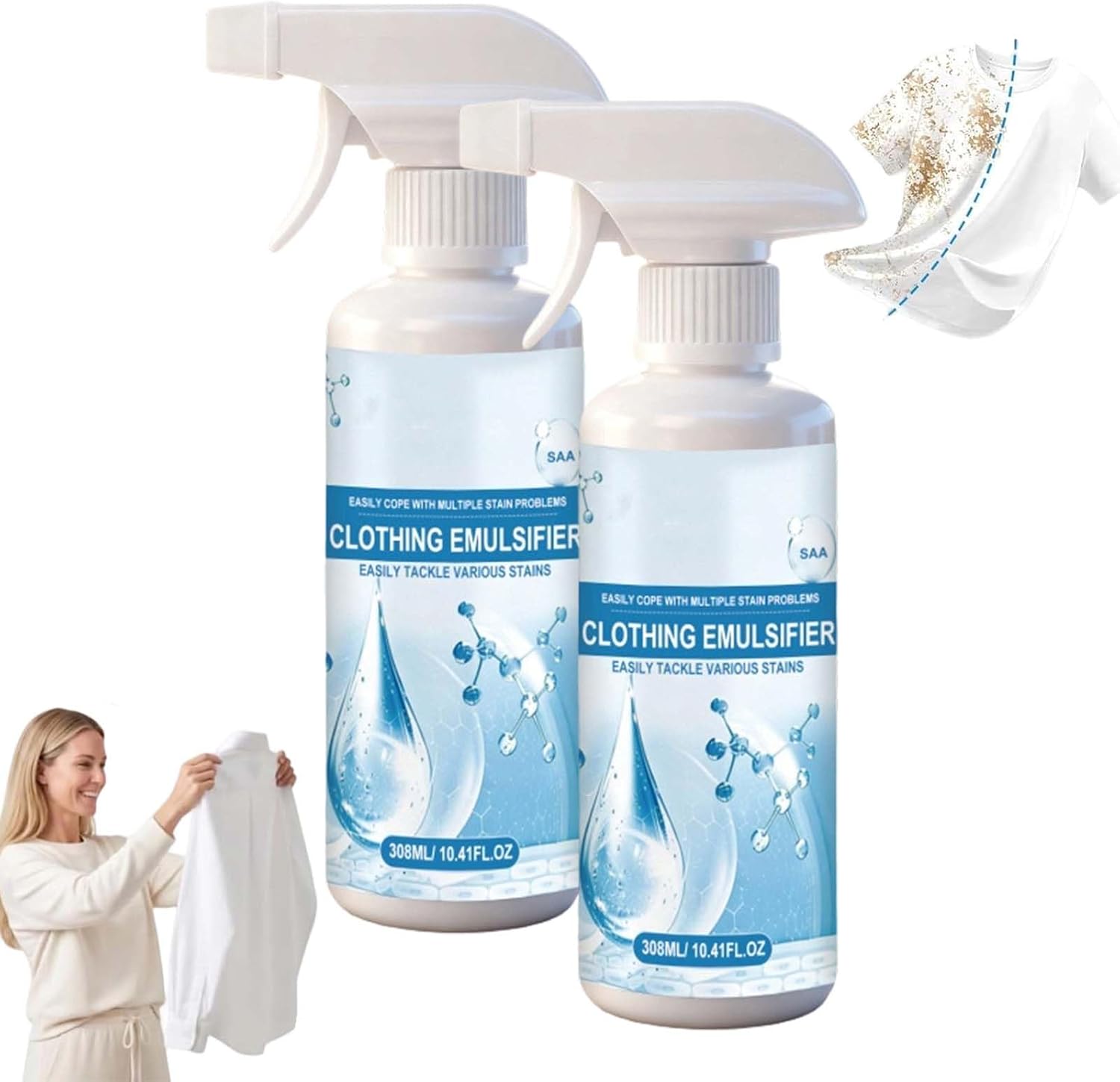 Clothing Emulsifier Stain Remover Spray - Non Ionic Laundry Pre Treatment, Spot Cleaner for Clothes, Grease Oil Coffee Stain Removal, Fabric Care, Portable Laundry Solution, 10 Fl Oz (2PCS)