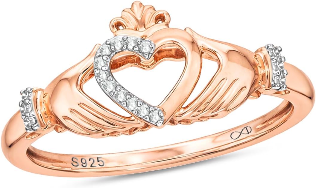 Cali Trove 1/20 CT Natural Diamond Claddagh Irish Ring for Women | Gold Vermeil 925 Sterling Silver Diamond Accent Wedding & Anniversary Ring | Jewelry Gift for Her in White Yellow or Pink Gold
