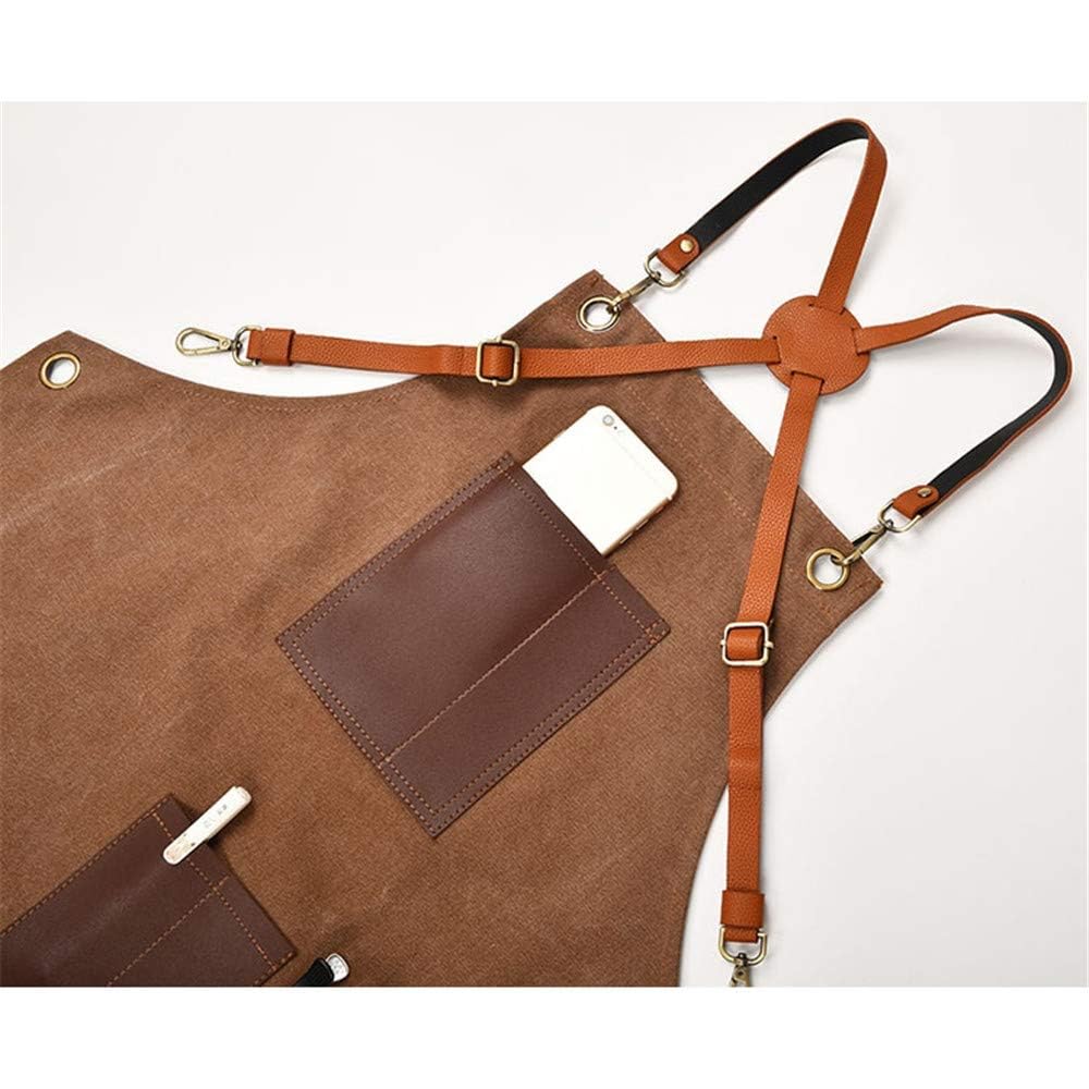 Delantal de trabajo de lona y cuero con correas cruzadas en la espalda, delantal de herramientas con múltiples bolsillos para chef, barista, barbacoa, marrón, 80 x 60 cm