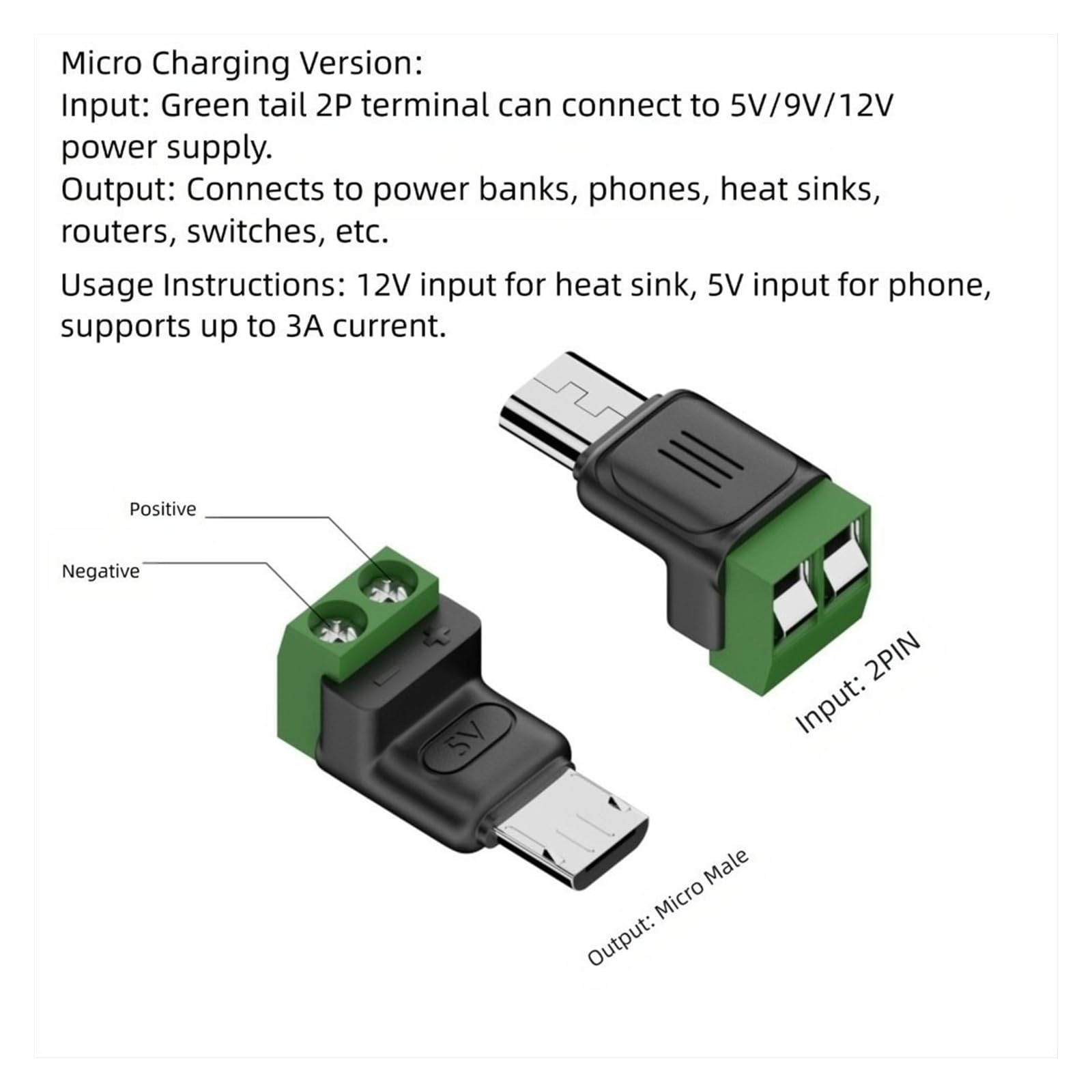 USB C/Micro to 2 Pin Screw Terminal 5V Solderless Adapter(5Pcs,Micro-Male Charging)