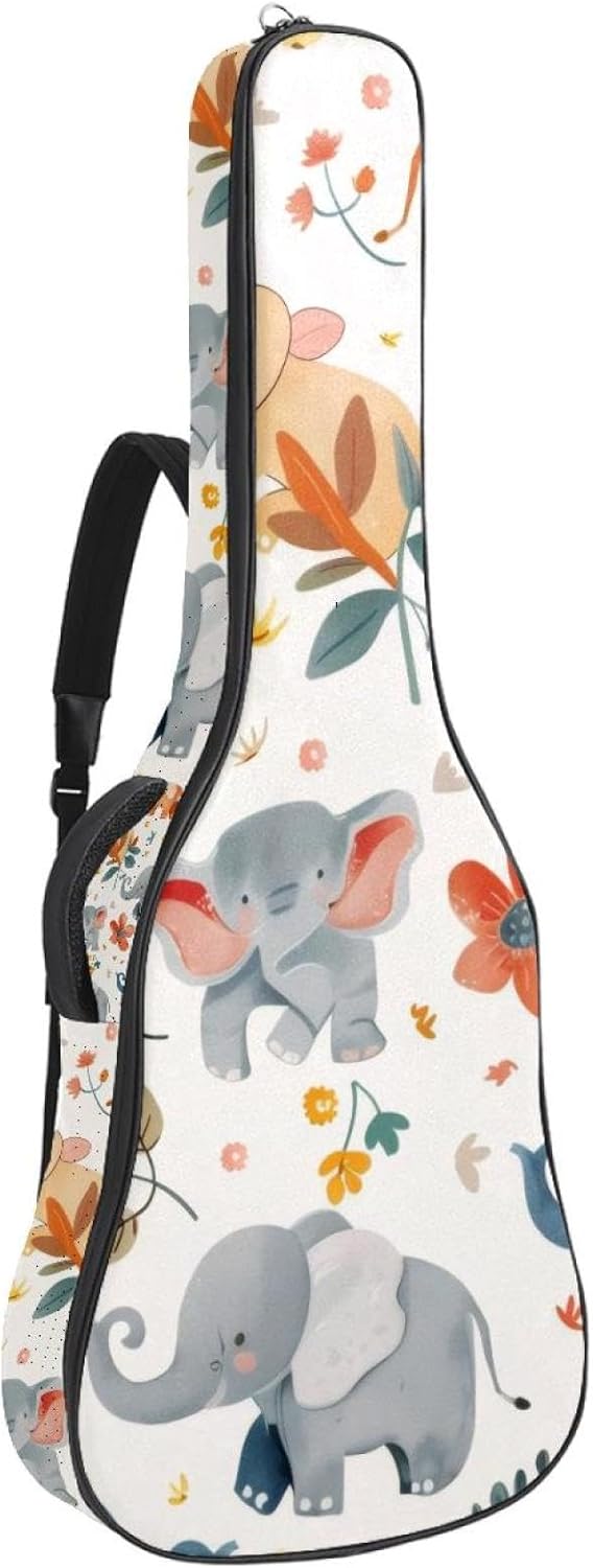 40 41 42 Inch Guitar Bags, Waterproof Padded Acoustic Guitar Case Backpack with Adjustable Shoulder Strap & Pockets, Cute Elephant with Flowers