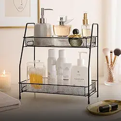 Organizador de Cosméticos em Metal com 2 Andares, Prateleira para Banheiro, Design Vazado, Preto e Branco (Preto)