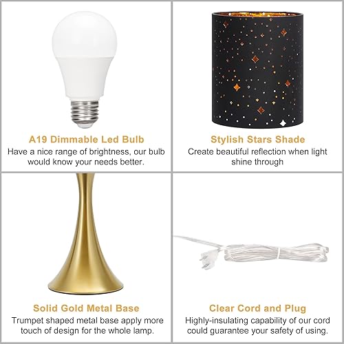 Miniatura 6 de Lámpara táctil para dormitorio, lámpara de mesa dorada regulable de 3 vías con pantalla estrellada negra, lámpara decorativa para mesita de noche,