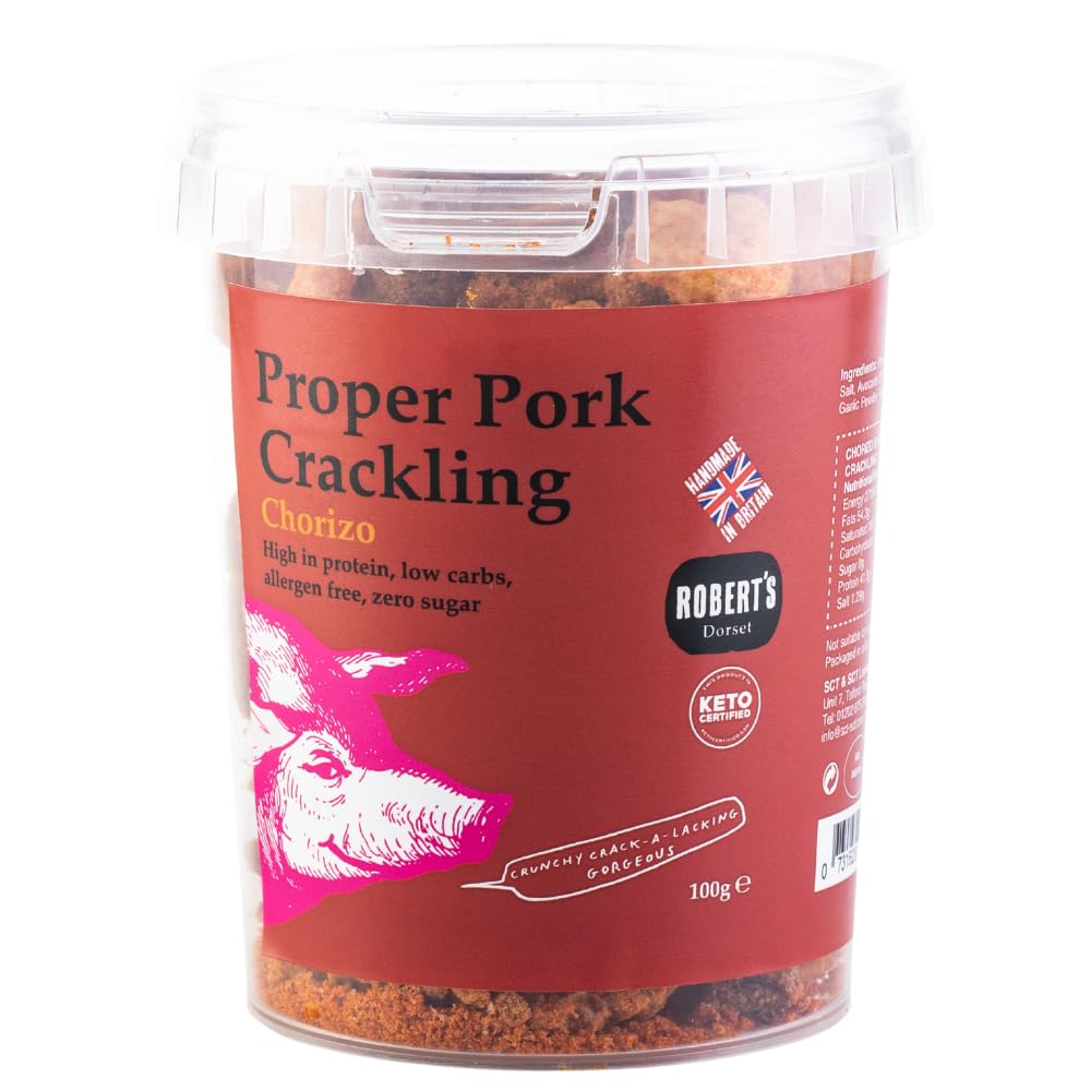 Proper Pork Crackling - 100g Pot – Available in Multiple Flavours - Keto-friendly, Allergen-Free, Low Carb & High Protein, Handmade in Britain (Chorizo)