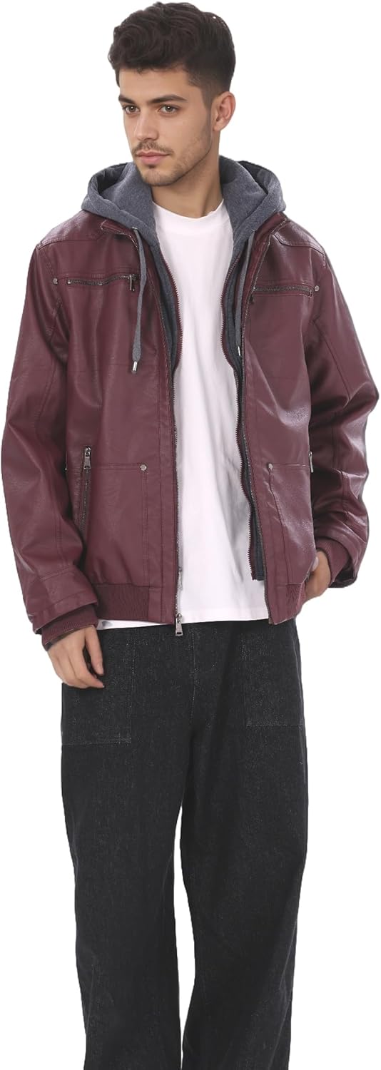 Men's Faux Leather Jacket with Removable Hood, (S - 6XL), Motorcycle Jacket Casual Warm Winter Coat - Image 6