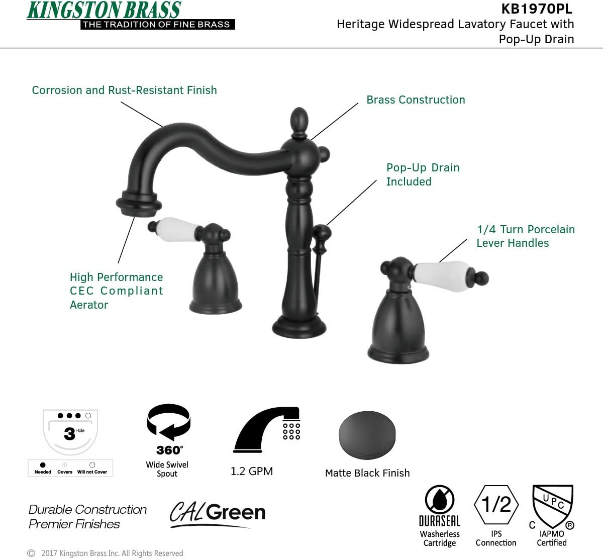 Flash Deals - 80% OFF Kingston Brass KB1970PL Kb1970Pl Heritage 8 Widespread Lavatory Faucet With Brass Pop-Up, 6-1/2 In Spout Reach, Matte Black