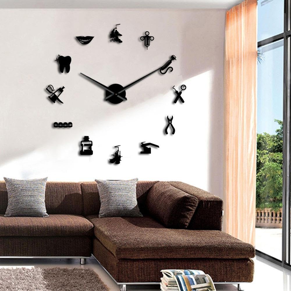 Dentist Acrylic Clock Kit for Wall Design,3D Frameless Wall Clock with Mirror Stickers for Living Room Decoration-B-47
