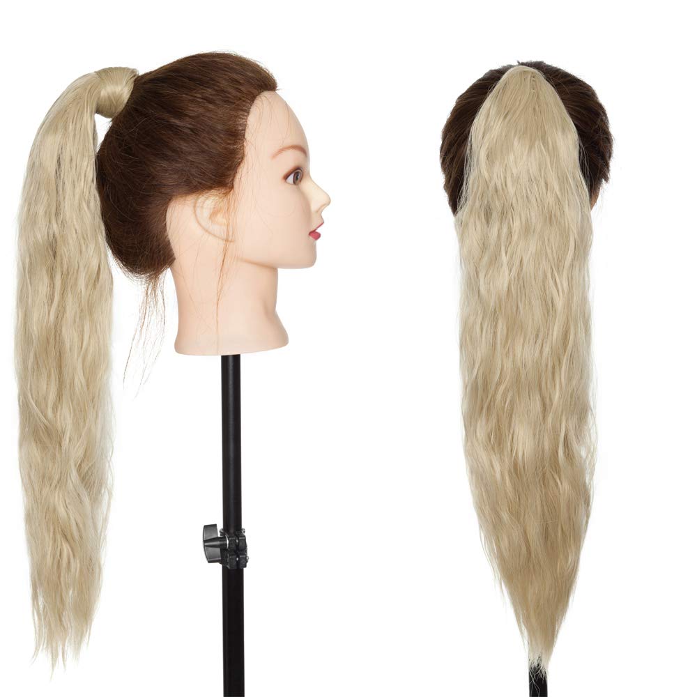 20 Inch Wavy Magic Paste Ponytail Extensions Highlight Japanese Synthetic Hair Evenly Corn Wave Wrap Around Binding Ponytail Hairpiece with Little Pocket 2 Tones Natural Blonde Mix Bleach Blonde