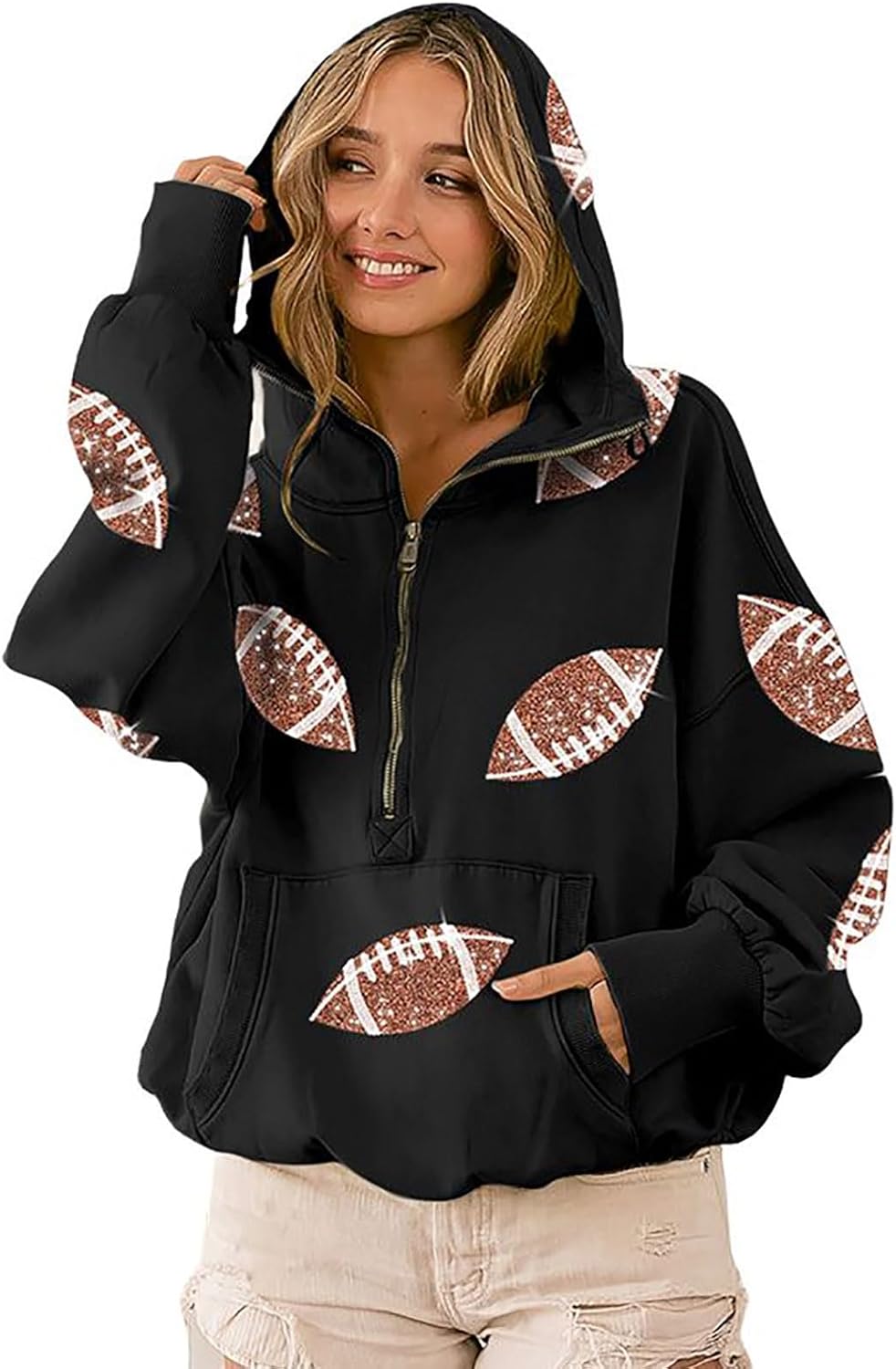 utcoco Hoodies for Women 2025 Fall Clothes Fashion Rugby Sequin Half Zipper Hooded Sweatshirt with Pocket