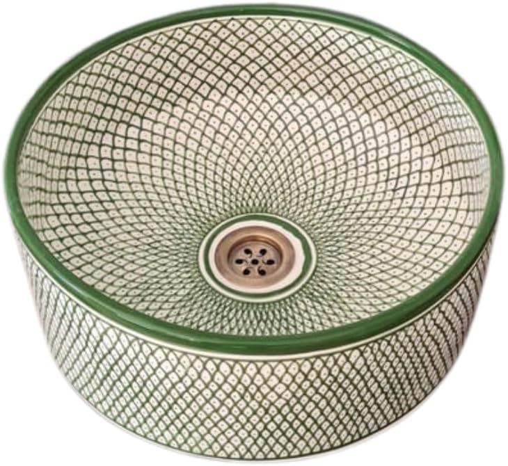 Purehandcrafted Green and White Ceramic Vessel Sink for Bathroom – Moroccan Above Counter Bowl Sink – Artisan Pottery Vanity Basin – Modern Bathroom Sink Bowl for Vanity Top (25 cm | 9.8 in)