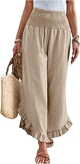 Linen Pants Women Summer Wide Leg Smocked Waist Ruffle Hem Palazzo Pants Boho Flowy Beach Vacation Pant with Pockets - Buy now
