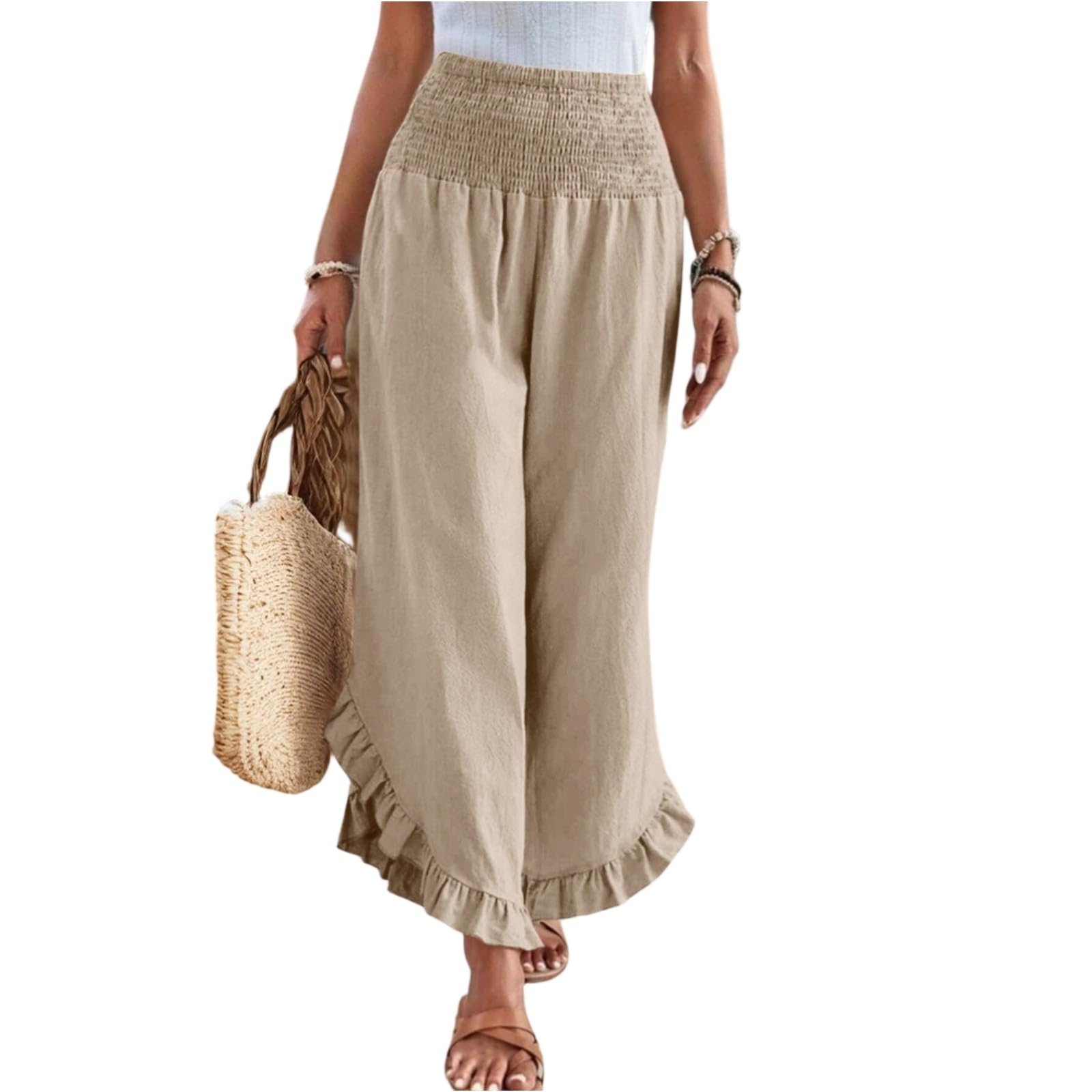 Linen Pants Women Summer Wide Leg Smocked Waist Ruffle Hem Palazzo Pants Boho Flowy Beach Vacation Pant with