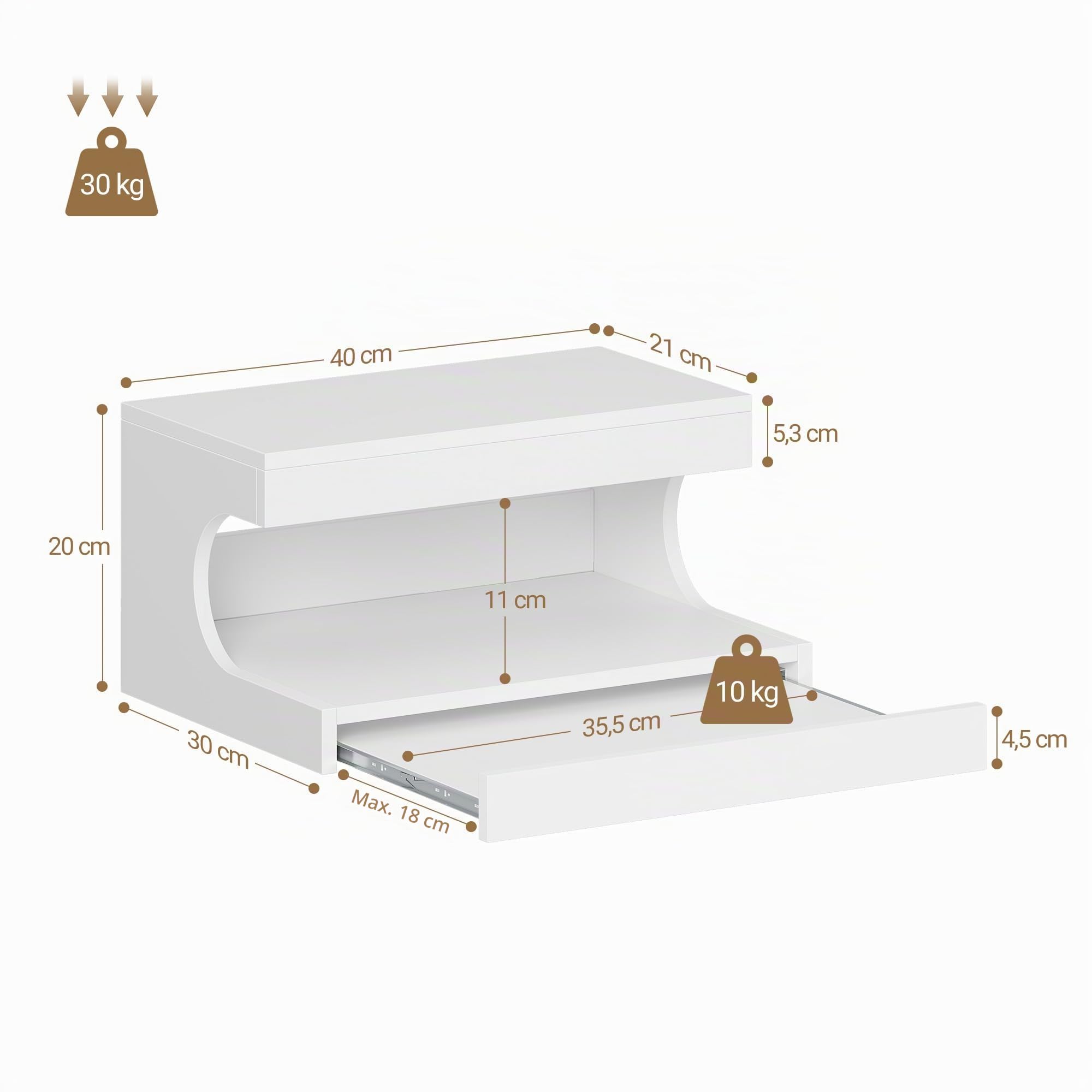 Hzuaneri Nachttisch Hängend 2er Set, Wandmontierter Regal-Nachttisch mit Schiebe-Tablett, Nachtkästchen Schwebend Wandregal mit Offener Raum, für Schlafzimmer, Wohnzimmer 30 x 40 x 20 cm Weiß NS51203X