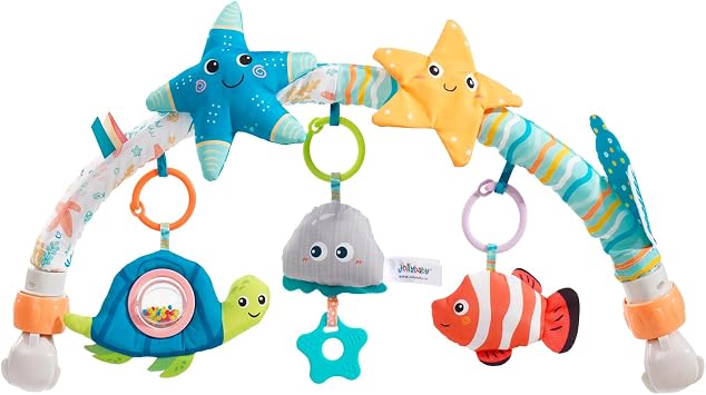 Baby Stroller Arch Toy for Infant & Toddler 0-6 Months, Musical Travel Car Seat Toys W/ Teether, Adjustable Mobile Arm for Crib, Bassinet, Pram, Bjorn Bounce Bar Activity Hanging Accessory 6-12Sea