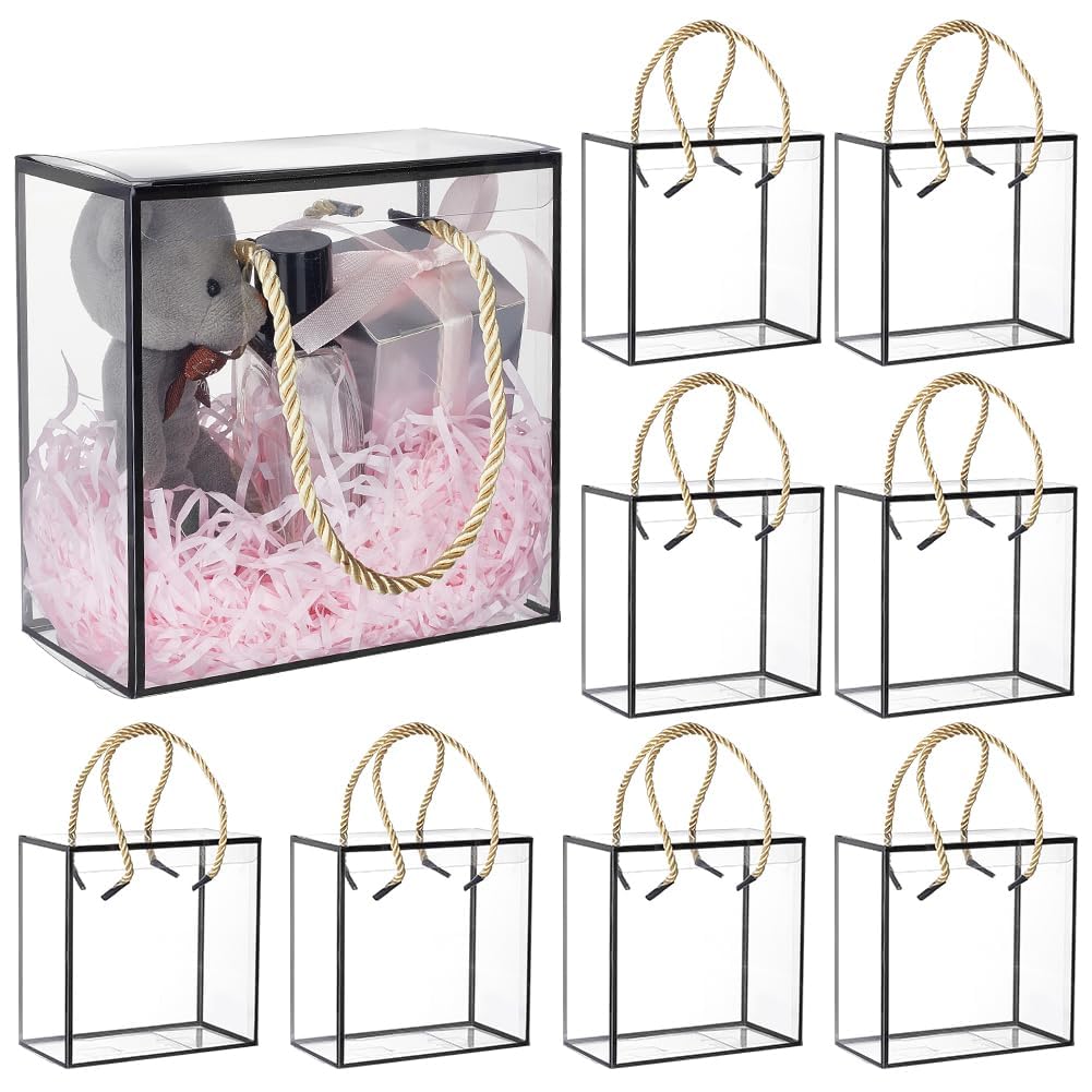 KASTWAVE Clear Gift Box, 10 Pcs Transparent Favor Boxes Clear Favor Box, Treat Gift Boxes with Black Border Lace and Handle for Candy Chocolate, Party Favors, Gift Packaging (14x14x7.5 cm)