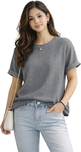 ALPHAFIT Women's Casual Waffle Knit Crew Neck T-Shirt Short Sleeve Summer Top Lightweight Relaxed Fit Soft Comfortable Bas...