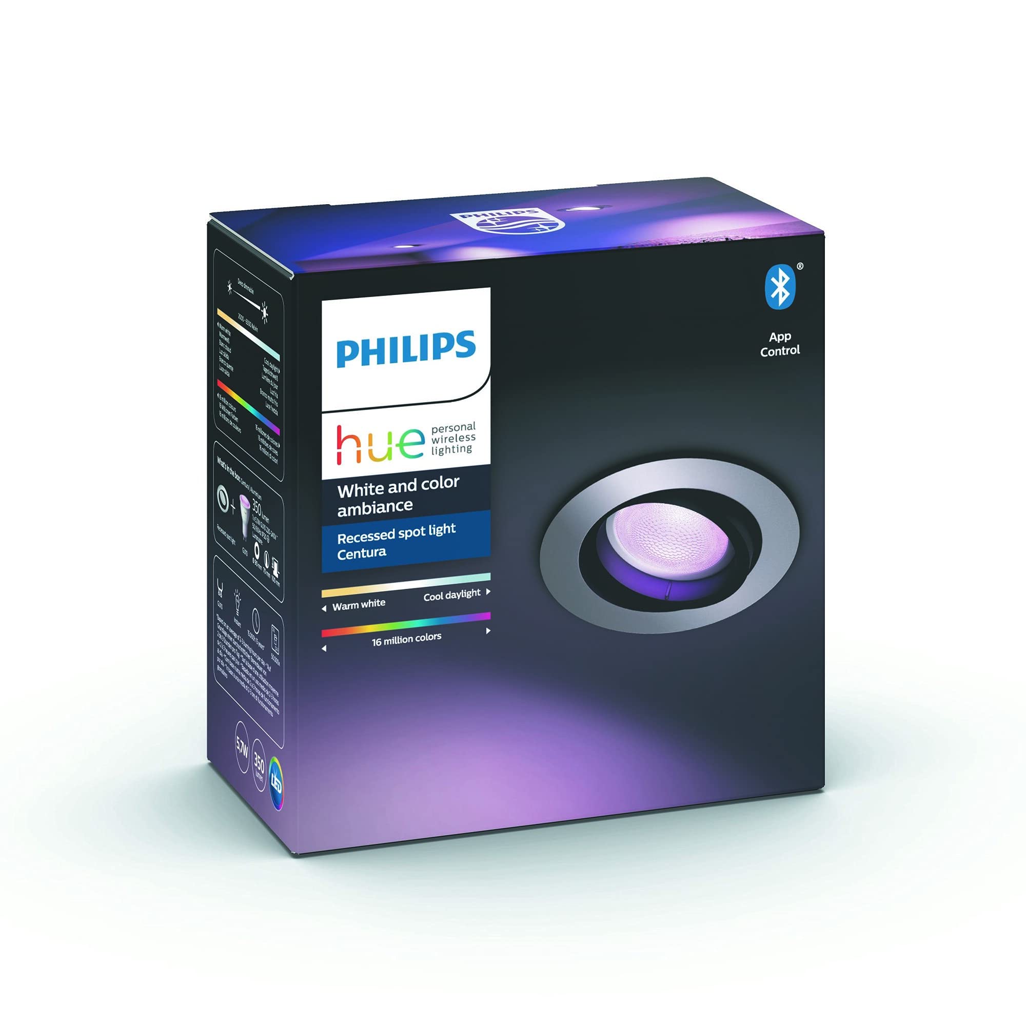 Philips Hue – Lámpara inteligente, Hue Centura, Foco Empotrable LED Inteligente, Luz Blanca y de Colores, Compatible con Alexa y Google Home, Color Aluminio