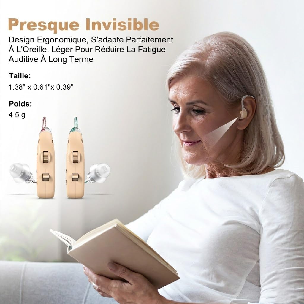 Auriculares de amplificación digital recargables, estuche de carga para amplificador con pantalla LED, color beige (Plata)