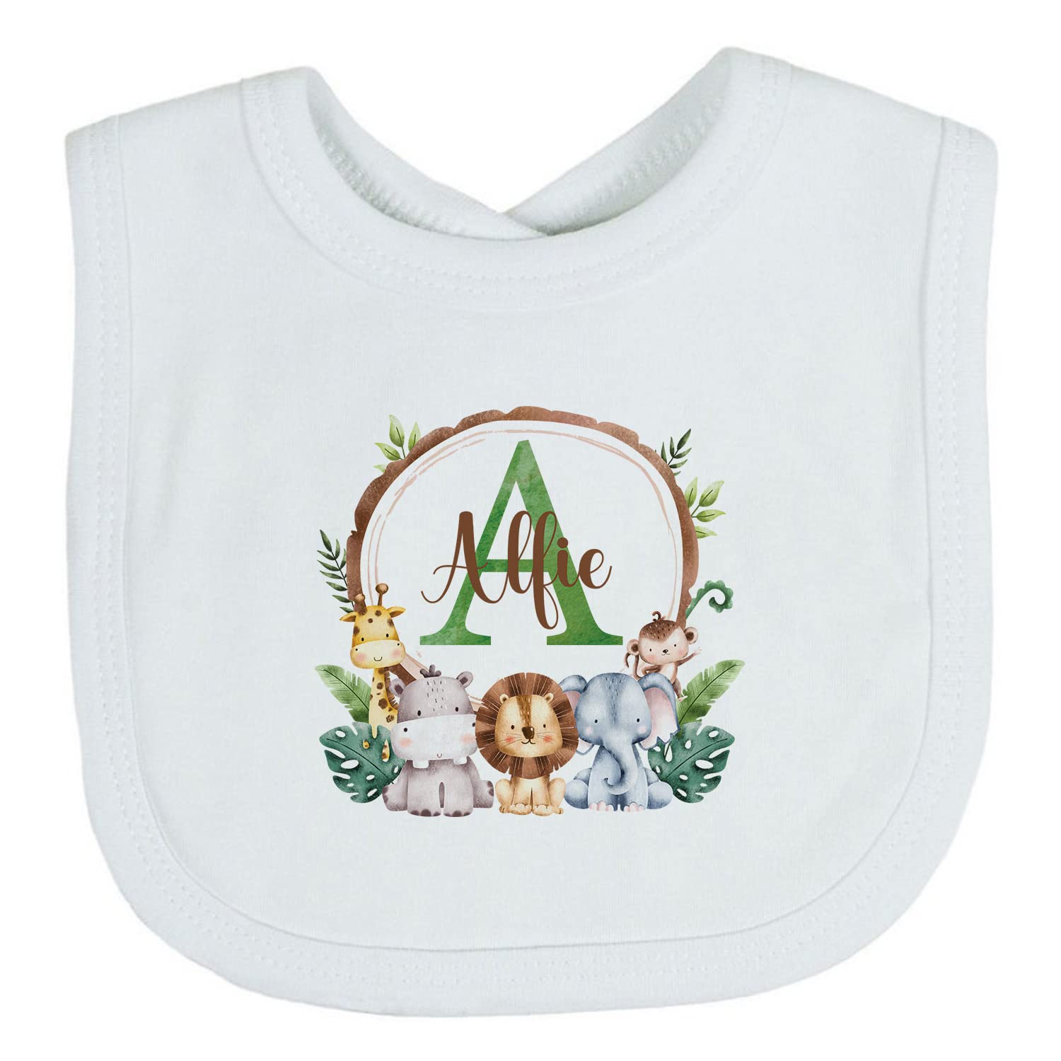 Hoolaroo Personalised Baby Bib - Feeding Jungle Animals Name Clothing Newborn Gift Baby Shower Present Bib Boy - White