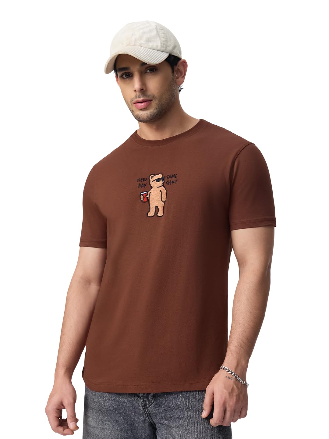 the souled store Relaxed T-Shirt: New Day Men and Boys Short Sleeves Round Neck Brown Embroidered Relaxed Fit Lightweight Cotton Men Casual T-Shirts-picture-29