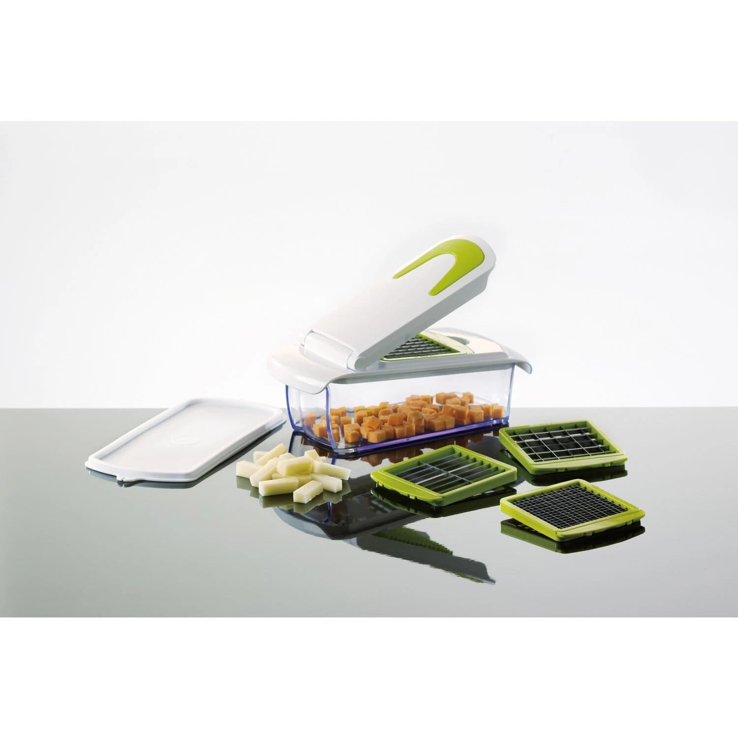 Magic Chopper - 4 Interchangeable Blades - Chop, Cut, Slice & Dice - Great for Fruit & Vegetables - Container with Storage Lid - Perpetual Peeler included and eBook