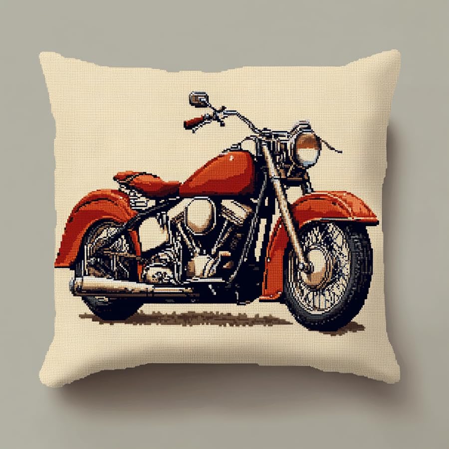 Coussin point de croix moto rétro 45x45 cm à broder soi-même