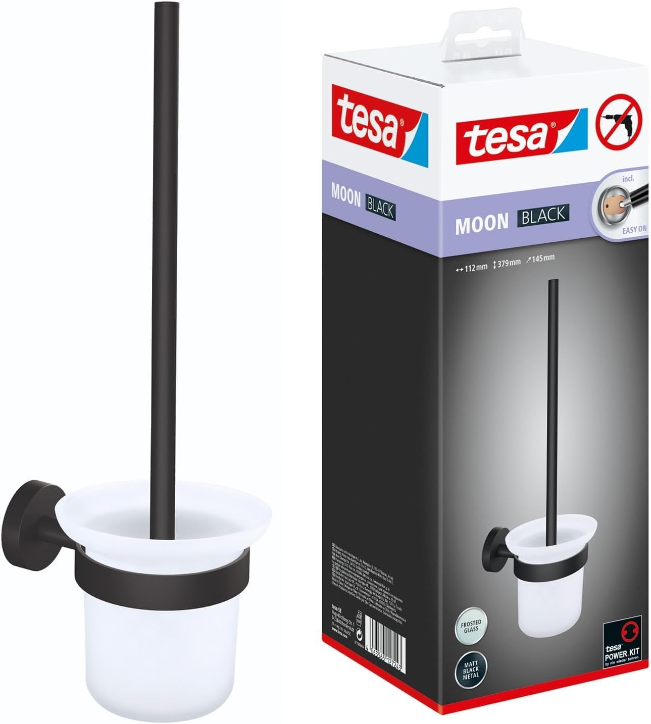 tesa Moon Black Set: Portarrollos de Papel higiénico - portarrollos sin Tapa para Cuartos de baño y WC - Set con portarrollos y escobilla de WC, Negro Mate - sin taladrar, Incl. solución Adhesiva
