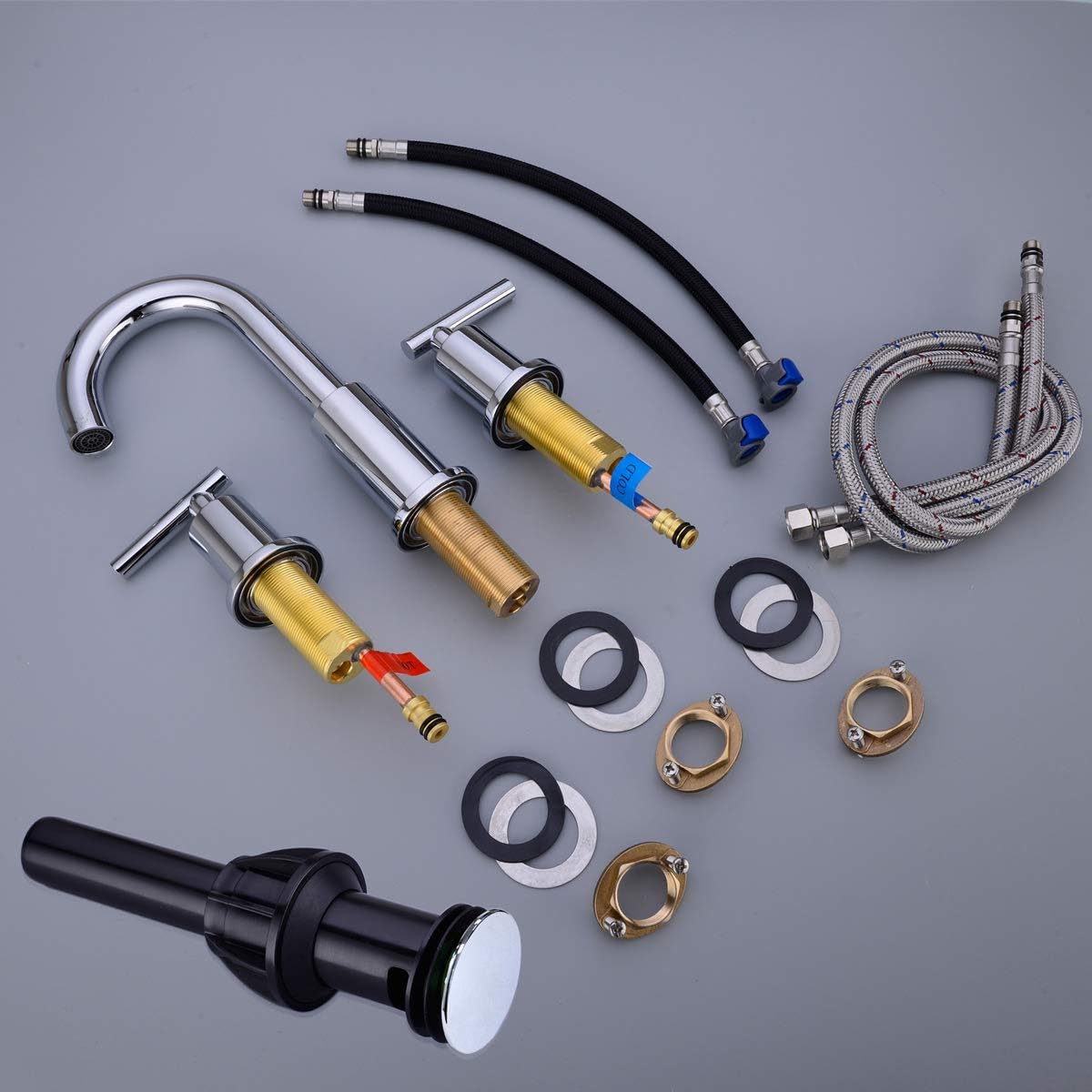 60% Off Discount TRUSTMI 2-Handle 8 inch Widespread Brass Bathroom Vanity Sink Faucet with cUPC Water Supply Lines, Build-In Stopper Overflow Pop Up Drain Included,Chrome