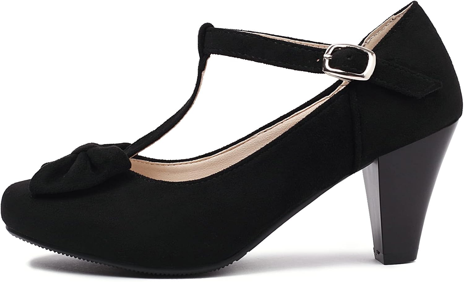 Elerhythm Women's Mary Jane Vintage T-Strap Heels with Bow 1950s Pumps Closed Toe 1920s Victorian Sweet Ankle Faux Suede Elegant Comfortable Formal Dressy Ladies Shoes (Black US10)