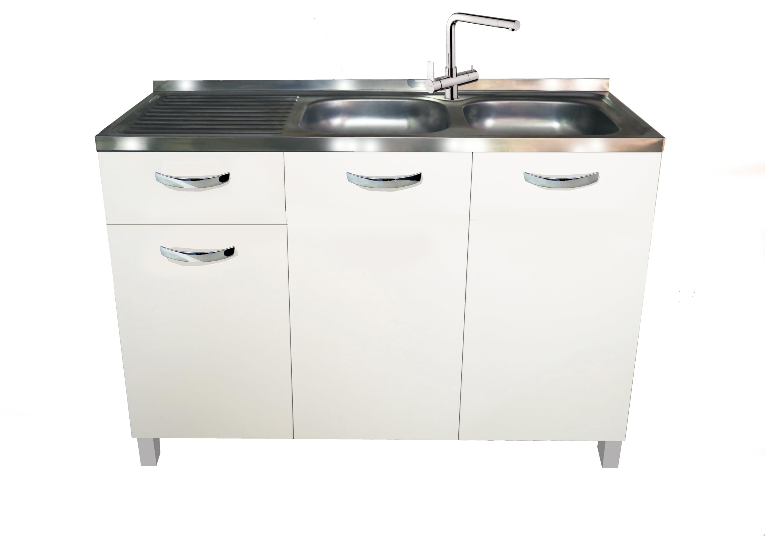 MABEL Mueble bajo fregadero de cocina con cajón blanco, organizador de madera ennoblecida con fregadero de apoyo de acero, bañeras a la derecha con escurridor – L 120 cm x P 50 cm x H 83,5 cm