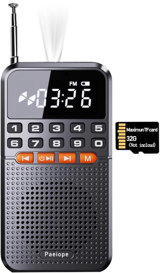 Paeiope Portable FM Radio with Music Speaker and TF Card socket, Rechargeable Pocket Radio with Best Reception,Auto Scan, LED Display, Emergency Flashlight for Outdoor Indoor (No AM)