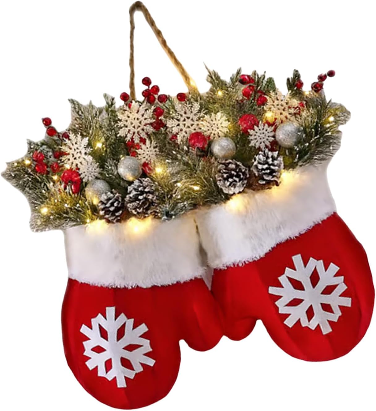 Festives Christmas Mitten Artificial Pine Wreath with Warm Light Safe Front Door Decors for Window Wall Holiday Party LED Christmas Mitten Wreath