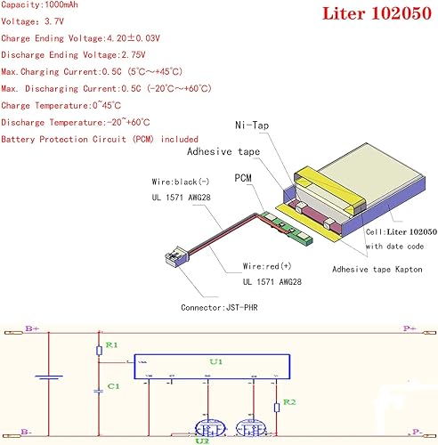 Miniatura 2 de Liter energybattery 3.7V Lipo Batería 1000mAh Batería recargable de polímero de iones de litio 102050 con conector JST