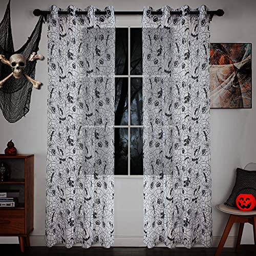 TOMORO Halloween Sheer Curtains - Spider Web Bats Pumpkin Semi Sheer Drapes for Halloween Window Decorations, Party, Set of 2 Panel, 52 x 95 Inch