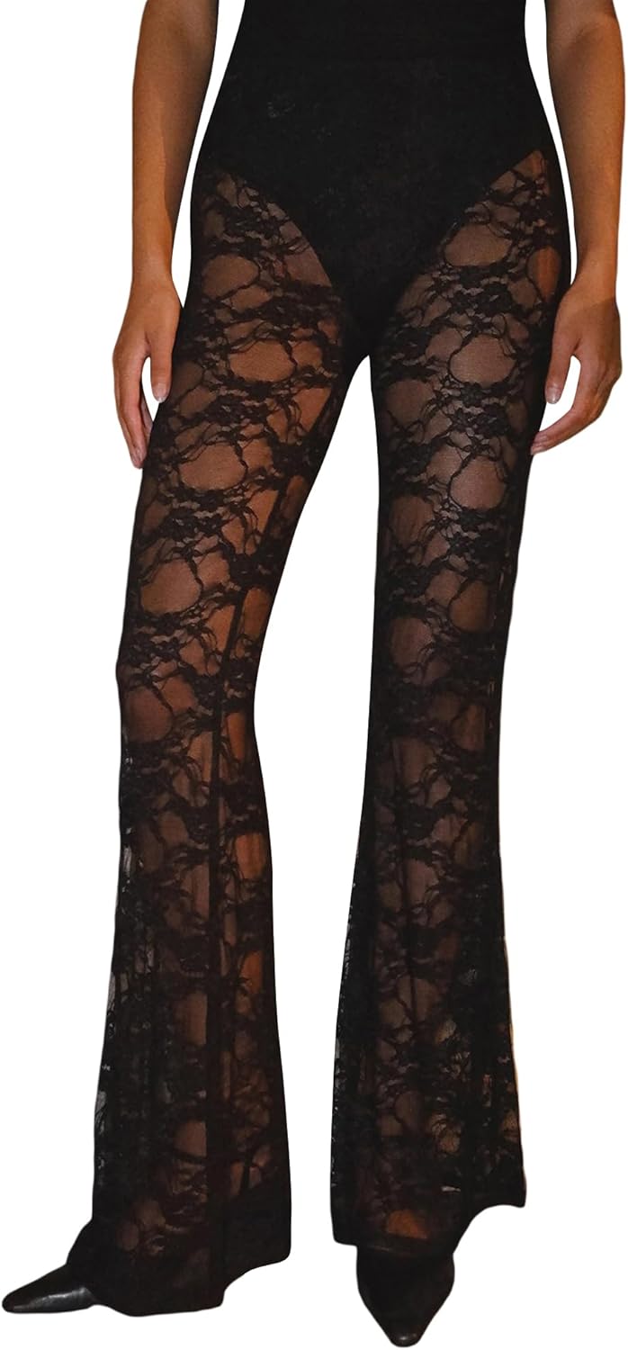 Women Lace Floral Pant Sexy See Through Flare Bell Bottom Hollow Out Trousers Mesh Leggings Cover Up Pants Streetwear - Image 4