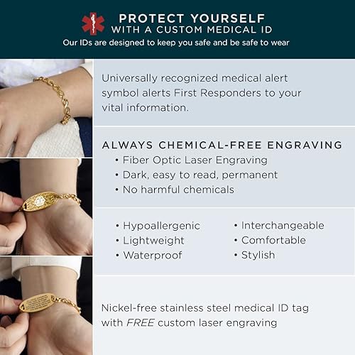 Miniatura 2 de Lauren's Hope - Pulsera de alerta médica con cadena infinita grabada en tono dorado para mujer, grabado gratuito, diabetes, warfarina, xarelto,