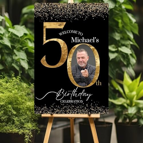 50th Birthday Photo Welcome Poster, Black & Gold