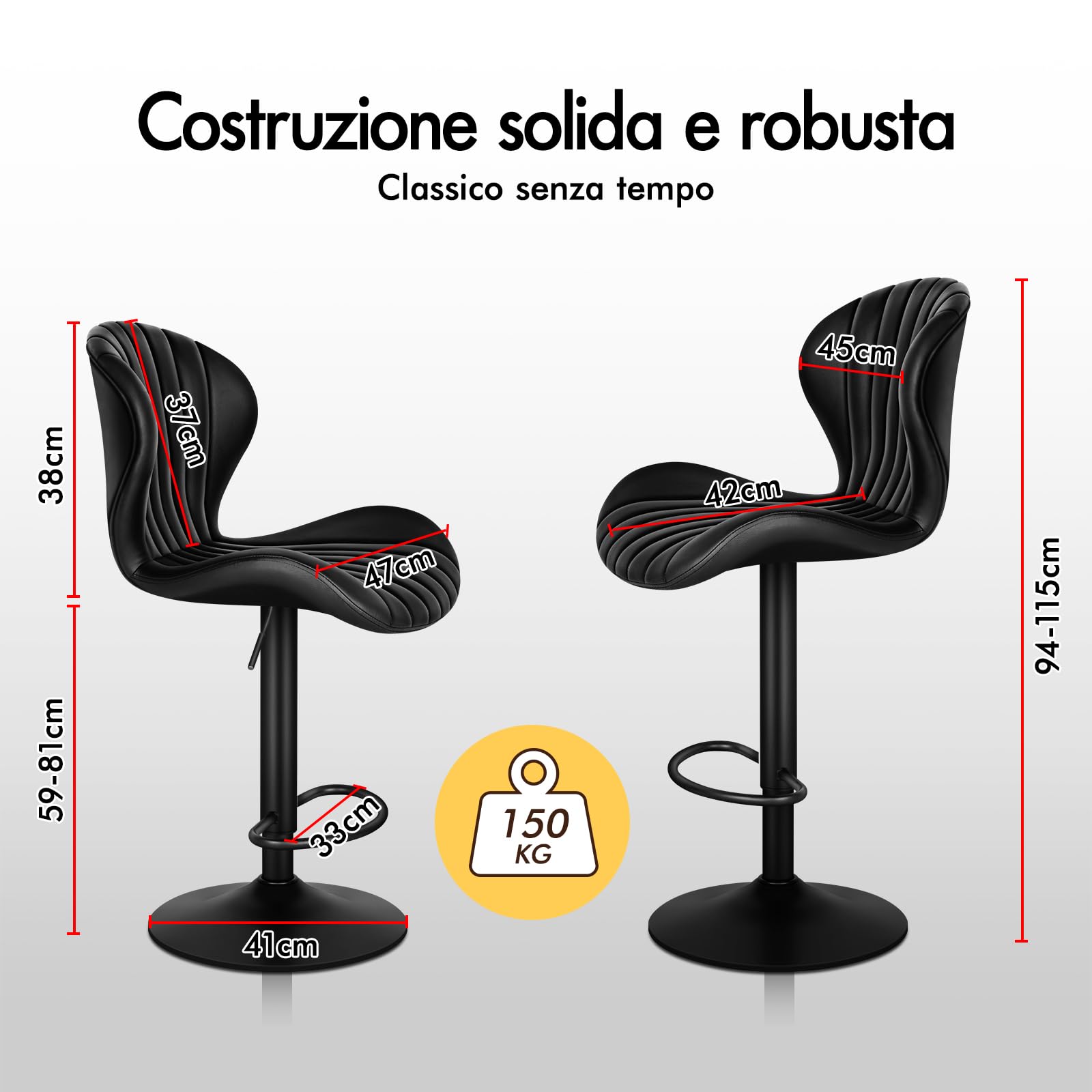 ALFORDSON Sgabello da bar, 2 pezzi, regolabile in altezza, per cucina, bar, sala da pranzo, girevole, altezza seduta 59-81 cm, Pelle PU, Nero
