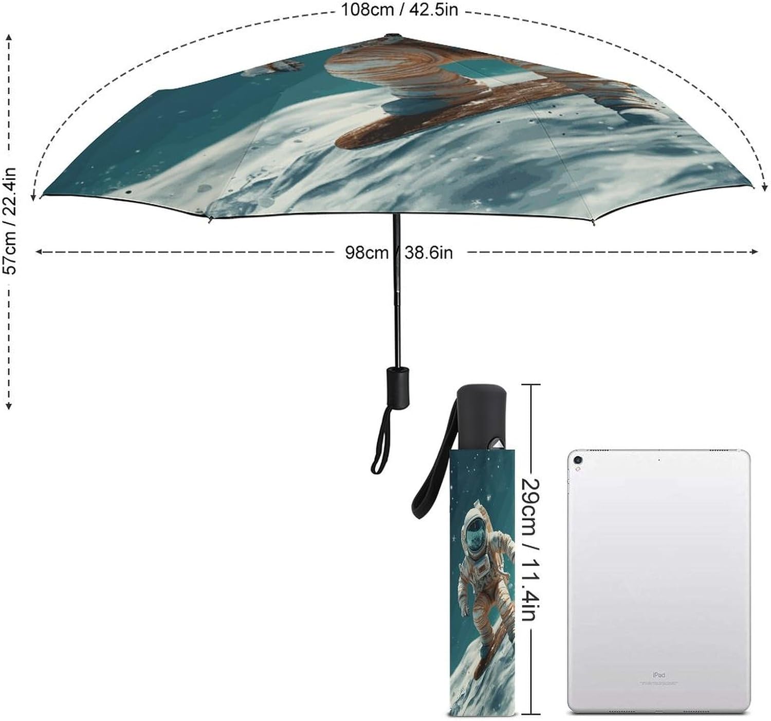 Astronaut on Skis Compact Travel Umbrella, Portable Folding Umbrella for Rain, Lightweight & Packable Automatic Umbrellas for Women Men Backpack Purse Easy Collapse