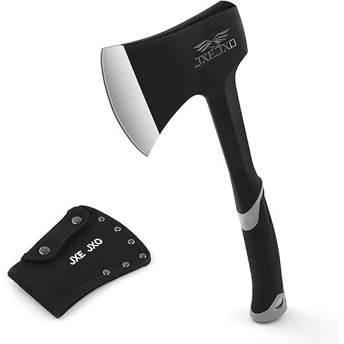 JXE JXO Camping Axe & Hatchets - 14.4" Chopping Axe with Sheath, Forged Steel Construction & Ergonomic Shock-Absorbing Grip (Grey