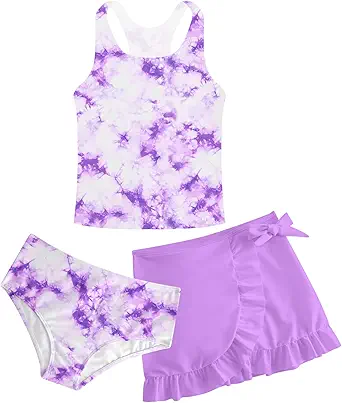 Girls Swimsuits 3 Piece Tankini Bathing Suit Set Cute Bikini Swimwear with Cover Ups Beach Skirt 5-16 Years